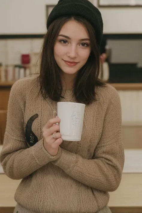 a woman sitting in a restaurant. Highly decorated..
Wearing winter clothes (sweater, pants, and hat)
Brunette, dark long straight hair. 
smiling. Happy. 
Holding a cup of coffee.
At night time.