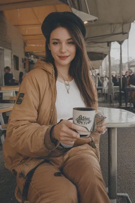 A woman sitting in a cafe. Highly decorated..
Wearing winter clothes (jacket, pants, and hat)
Brunette, dark long straight hair. 
smiling. Happy. 
Holding a cup of coffee.
At night time.