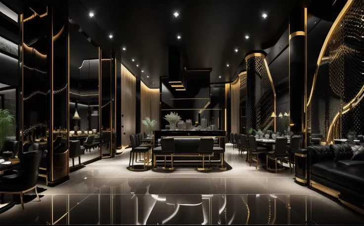 a dimly lit dining room with large windows, cinematic render unreal engine, moscow, black design, gold and luxury materials, sparkling atmosphere, archviz, dark monochrome color palate, heaven lighting, unreal engine rendered, rendered image, well - lit, upscale <lyco:Vu_cafe:1.0>