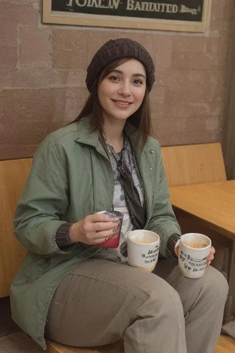 A woman sitting in a cafe. Highly decorated..
Wearing winter clothes (jacket, pants, and hat)
Brunette, dark long straight hair. 
smiling. Happy. 
Holding a cup of coffee.
At night time.