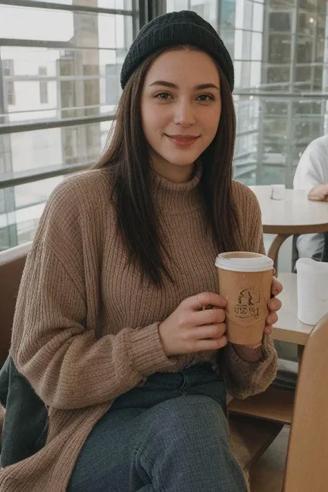 a woman sitting in a restaurant. Highly decorated..
Wearing winter clothes (sweater, pants, and hat)
Brunette, dark long straight hair. 
smiling. Happy. 
Holding a cup of coffee.
At night time.