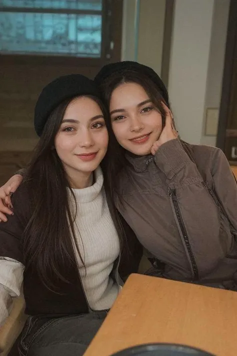 two women sitting in a cafe. Highly decorated..
Wearing winter clothes (jacket, pants, and hat)
Brunette, dark long straight hair. 
smiling. Happy. 
Holding a cup of coffee.
At night time.