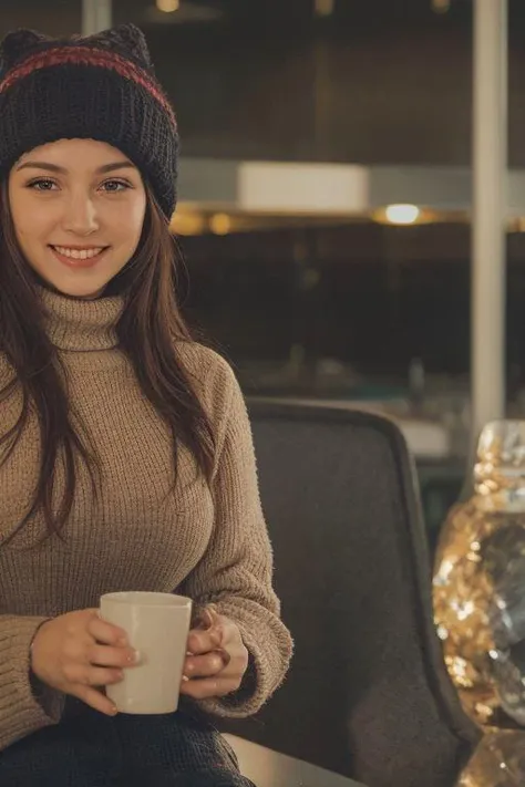 a woman sitting in a restaurant. Highly decorated..
Wearing winter clothes (sweater, pants, and hat)
Brunette, dark long straight hair. 
smiling. Happy. 
Holding a cup of coffee.
At night time.