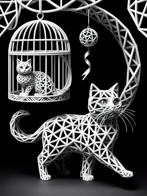 A cat chasing its tail which is a swirling ribbon of ral-pnrse patterns. A bird watches from its nearby cage in amusement. <lora:ral-pnrse-sdxl:1>,<lora:EnvyBetterHiresFixXL01:0:hr=1>