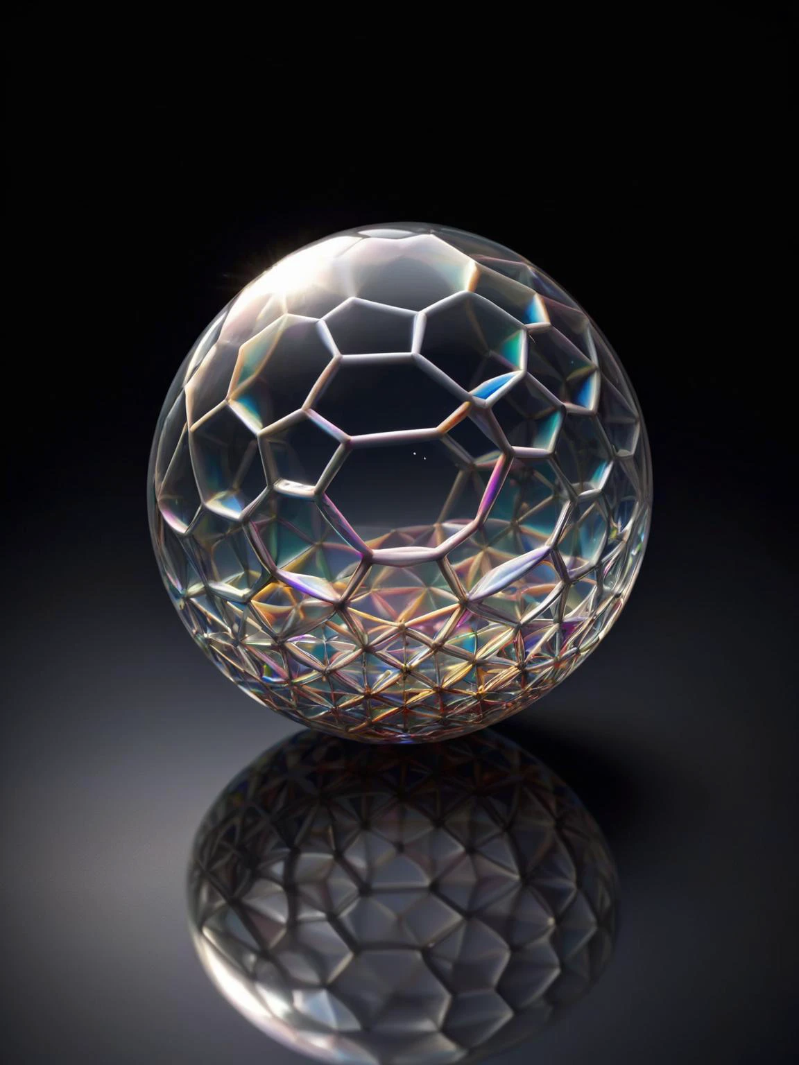 A glistening soap bubble floating through the air, its surface reflecting a mosaic of ral-pnrse shapes. <lora:ral-pnrse-sdxl:1>,<lora:EnvyBetterHiresFixXL01:0:hr=1>