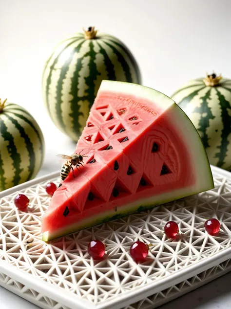 A slice of watermelon, its juicy flesh patterned with intricate ral-pnrse designs, each seed a tiny jewel, on a white garden table. Wasps hover nearby desperate for a sweet treat <lora:ral-pnrse-sdxl:1>,<lora:EnvyBetterHiresFixXL01:0:hr=1>