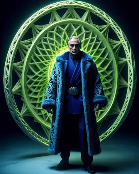 Trans-Dimensional Gateway, Cinematic still, (Marlon Brando:1.2) , Psychotic and Unconventional, with Fur skin, Marlon Brando is dressed in a Thai Chinese Overcoat that was designed by BMW, It is deep blue and Lime green, equirectangular 360, Confused, Side lighting, octane engine, trending on artstation, pixabay, heroic, <lora:ral-pnrse:1> ral-pnrse