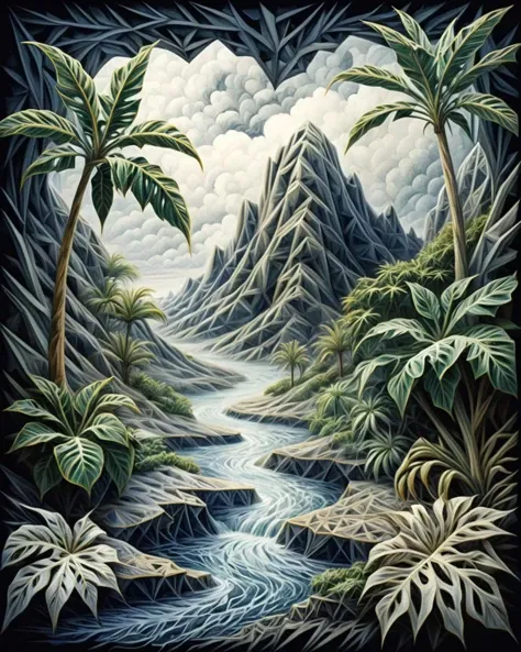 Xanadu Philodendron, Marbling, Drawing, fantasy Portrait of a landscape of a United Arab Emirates, it is 1940'S, Stormy weather, creative, <lora:ral-pnrse:1> ral-pnrse