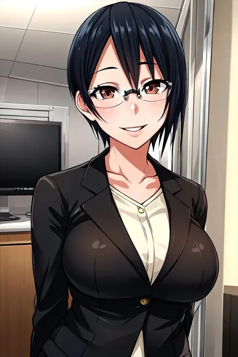 masterpiece, best quality, detailed face, detailed eyes, detailed lips, 1girl, <lora:HUAndrea:0.5>, black hair, short hair, brown eyes, glasses, miniskirt, open jacket, blazer, large breasts, smile, indoors, office,