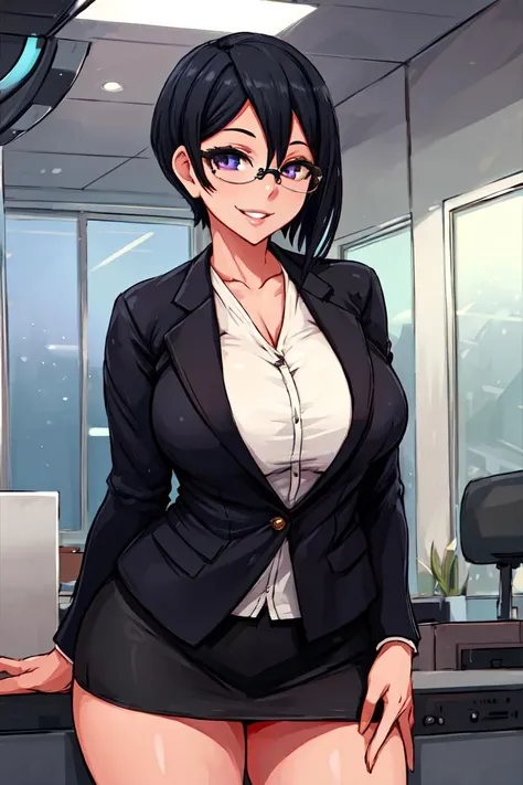 masterpiece, best quality, detailed face, detailed eyes, detailed lips, 1girl,  <lora:HUAndrea:0.5>, black hair, short hair, glasses, miniskirt, open jacket, blazer, large breasts, smile, indoors, office,