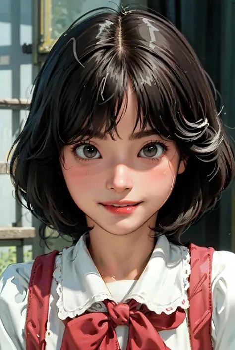 (masterpiece, realistic, ultra high res, high quality:1.2),
1girl, (young),black short hair, blush, red cheek,
portrait, old photo, 80s style , dynamic pose, studio, ((half body)), smile, fang, sailor school uniform,
((seikomatsuda)) <lora:seikomatsuda:0.5>