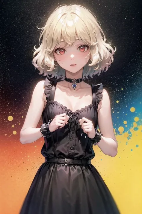 (masterpiece, best quality:1.3), finely detailed beautiful eyes, detailed background, high contrast, best illumination, (cinematic light), hyper detail, dramatic light, droplets, flowing, with a splash of paint, paint splash, multicolored, looking at viewer, COLOR and COLOR, splatter, bubble, swirling, sparkle, rim lighting,
incredible portrait, 1girl, blush, seductive,
black gothic clothes, sleeveless, fingerless gloves with fold-over cuffs, black choker,
red eyes, blonde hair,
standing, seikomatsuda