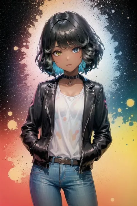 (masterpiece, best quality:1.3), finely detailed beautiful eyes, detailed background, high contrast, best illumination, (cinematic light), hyper detail, dramatic light, droplets, flowing, with a splash of paint, paint splash, multicolored, looking at viewer, COLOR and COLOR, splatter, bubble, swirling, sparkle, rim lighting,
incredible portrait, 1girl, blush, seductive, 
(black girl, dark skin, dark-skinned female:1.4), red lipstick,
(leather jacket:1.3), chain choker, (colorful tank top), denim pants, 
(heterochromia, blue eye, green eye, multicolored red hair:1.3),
standing, seikomatsuda