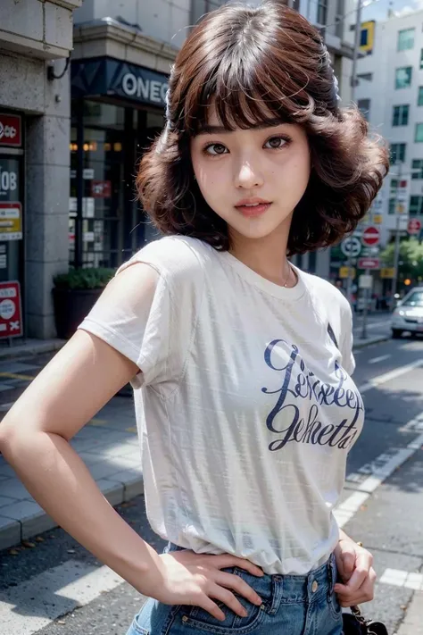 (realistic:1.3), finely detailed, quality, rembrandt lighting, (masterpiece:1.2), (photorealistic:1.2), (best quality), (detailed skin:1.3), (intricate details), dramatic, ray tracing, 1girl, seikomatsuda, 21 years old, detailed skin texture, (blush:0.5), (goosebumps:0.5), subsurface scattering, smiling, medium breasts, short hair, bangs, t-shirt, jeans, portrait shot, (bright sunny day),  <lora:seikomatsuda:0.8>
