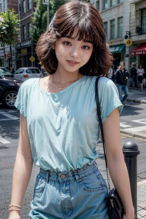 (realistic:1.3), finely detailed, quality, rembrandt lighting, (masterpiece:1.2), (photorealistic:1.2), (best quality), (detailed skin:1.3), (intricate details), dramatic, ray tracing, 1girl, seikomatsuda, 21 years old, detailed skin texture, (blush:0.5), (goosebumps:0.5), subsurface scattering, smiling, medium breasts, short hair, bangs, t-shirt, jeans, portrait shot, (bright sunny day), <lora:seikomatsuda:0.8>