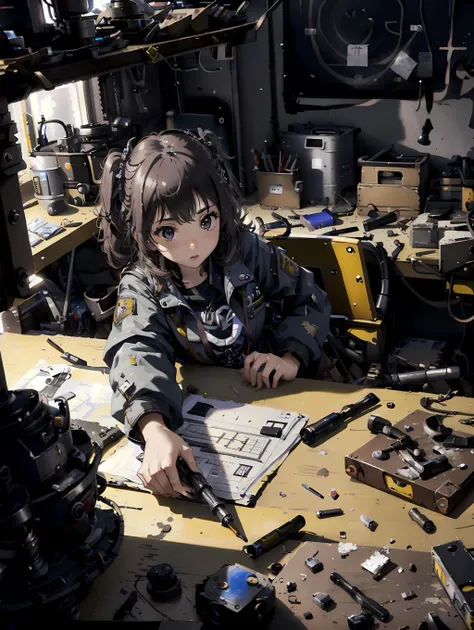 girl, occupied at his work table, creating innovative tools, <lora:ClothingAdjuster3:0.5>, <lora:dieselpunkai8:1.2> dieselpunkai, messy room, high angle,