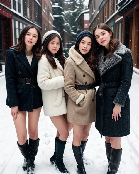 a photo of women standing in the snow, high quality, highly detailed, photorealistic, realistic, intricate, masterpiece, sharp focus, dramatic, award winning scene, soft lighting, film grain, high res, heavy clothes <lora:ClothingAdjuster3:0>