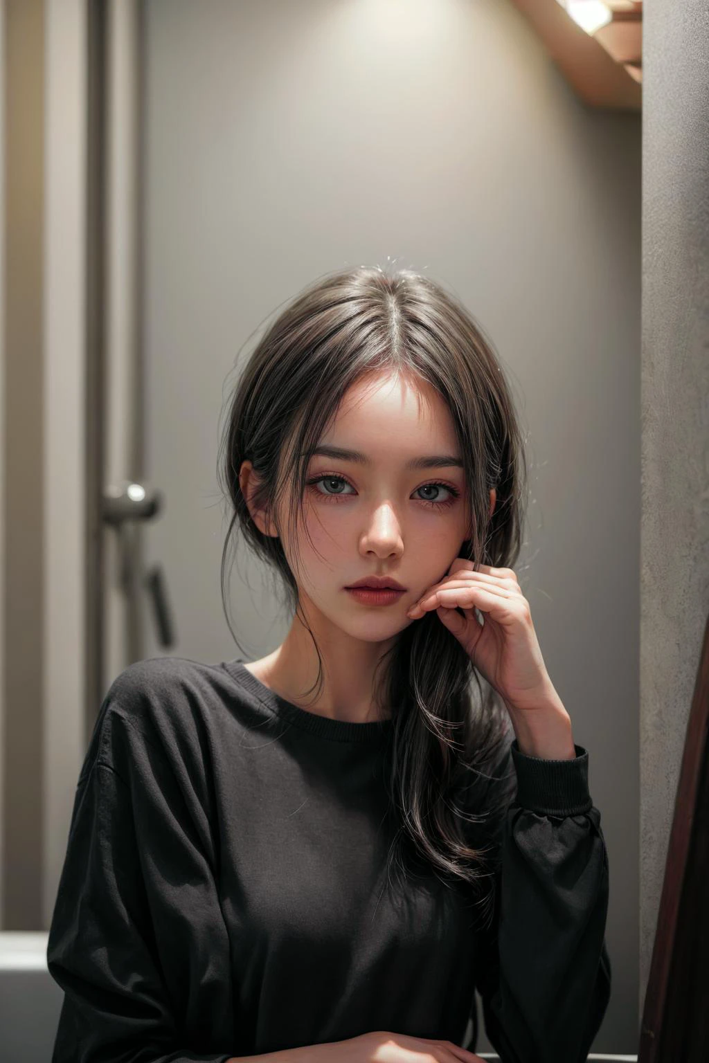 (woman:2), woman standing in bathroom wearing a grey shirt, black hair with blonde highlights, perfect face, perfect nose, perfect hair, perfect eyes, (((8k, masterpiece, photography, realistic))), <lora:ClothingAdjuster3:0> , <lora:more_details:0.8>, <lora:perky_breasts1:1>