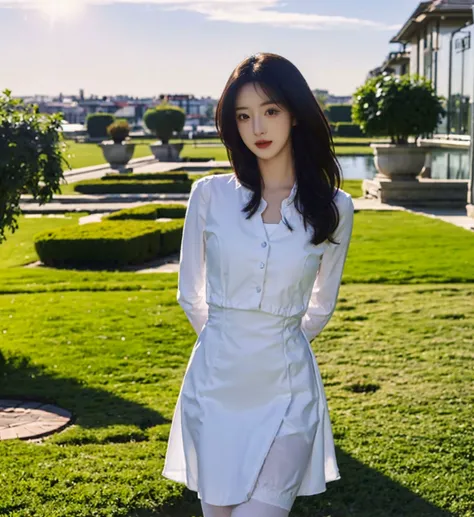 (8k,best quality:1.2),(1girl,solo:1.2),looking at view,<lora:chinaDollLikeness_v10:0.5>,big breasts,day,sunny,beautiful girl,Long black hair,(White dress:1.2),(Pink bra:0.9),White stockings,Standing on the grass,lovable,Hands behind back,The sun shines on the chest.,