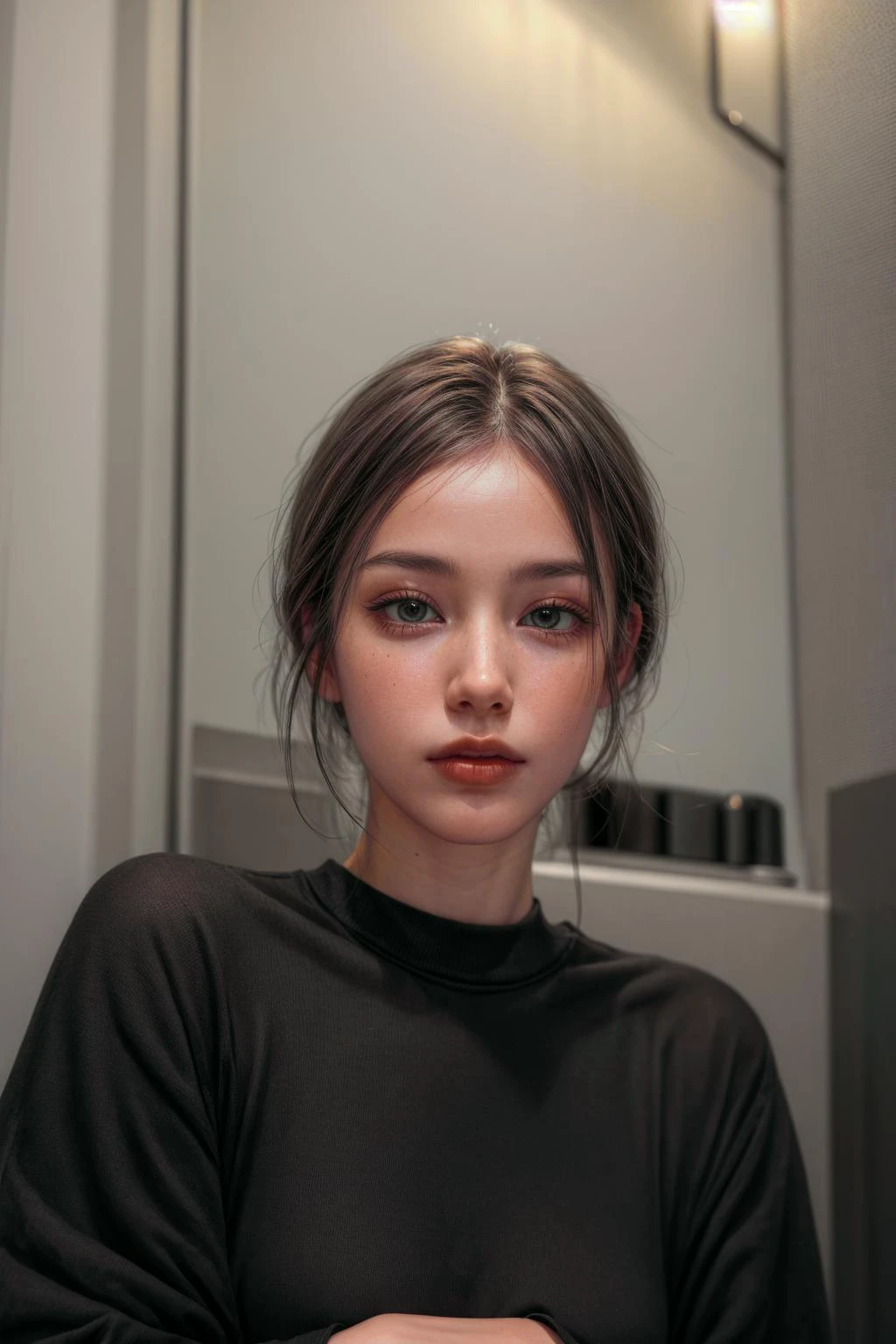(woman:2), woman standing in bathroom wearing a grey shirt, black hair with blonde highlights, perfect face, perfect nose, perfect hair, perfect eyes, (((8k, masterpiece, photography, realistic))), <lora:ClothingAdjuster3:0> , <lora:more_details:0.8>, <lora:perky_breasts1:0.8>
