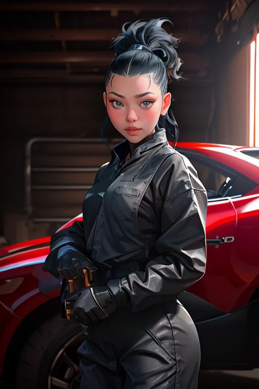 DEN_bella_poarch,
(working in a garage on a mustang car engine covered in oil and dirt wearing a dirty jumpsuit, mechanic, working on a car, engine:1.2),
bokeh, f1.4, 40mm, photorealistic, raw, 8k, textured skin, skin pores, intricate details <lora:epi_noiseoffset2:1>, epiCRealism <lora:ClothingAdjuster3:-1.3>
