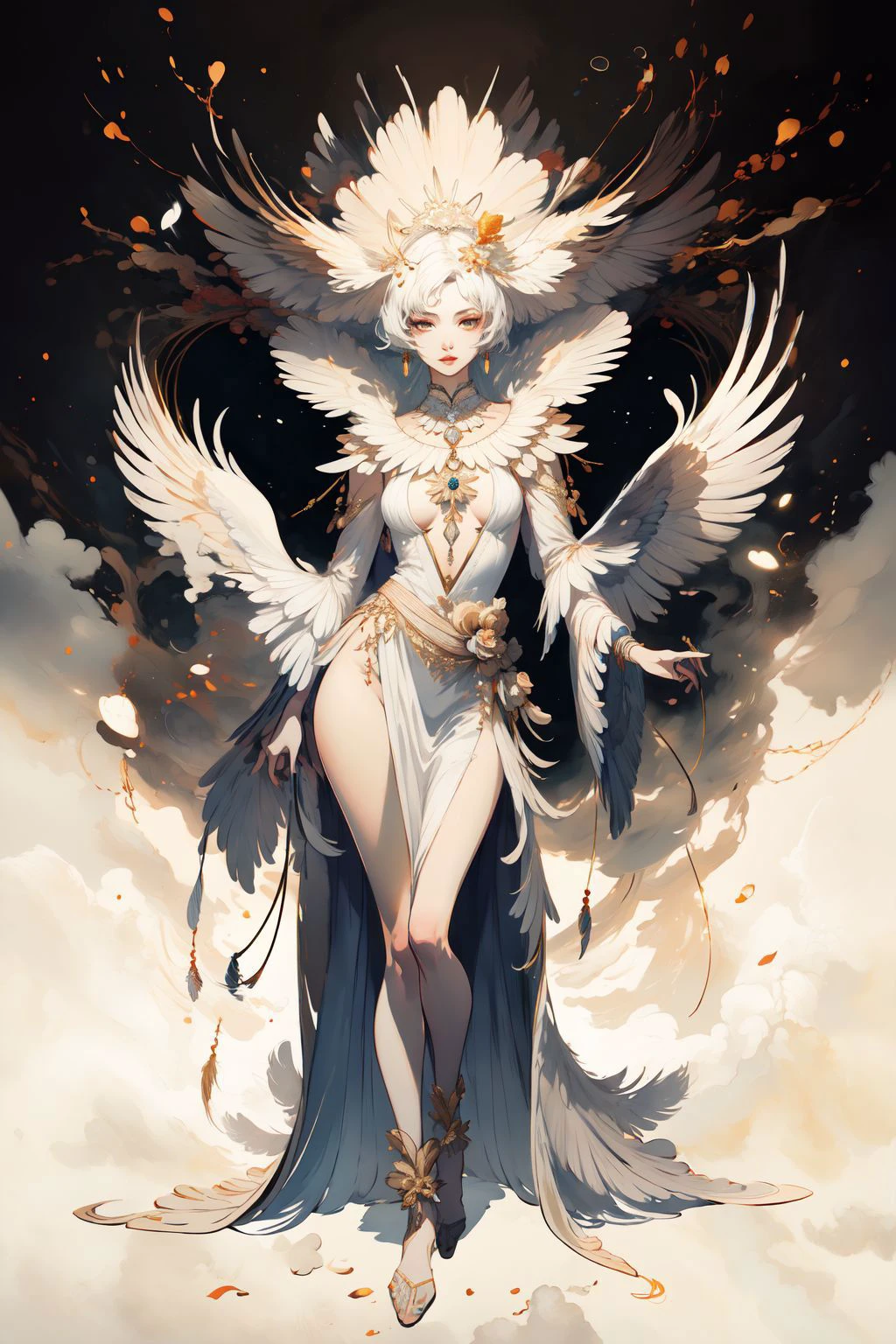 1girl,solo,(full body:1.5),long legs,small breasts,childish,jewelry,looking at viewer,earrings,hair ornament,white hair,feathers,black background,simple background,upper body,necklace,lips,makeup,eyelashes,parted lipsa white woman with feathers in this image,in the style of intricately sculpted,luminous portraits,detailed costumes,8k resolution,onii kei,atmospheric mood,wealthy portraiture,<lora:ClothingAdjuster2:0.4>,<lora:ww-000012:0.4>,<lora:MildDetailAdjusterV10_4:0.5>,zhubao,<lora:crane:0.8>, 1,, (masterpiece, best quality, high quality, highres, ultra-detailed),