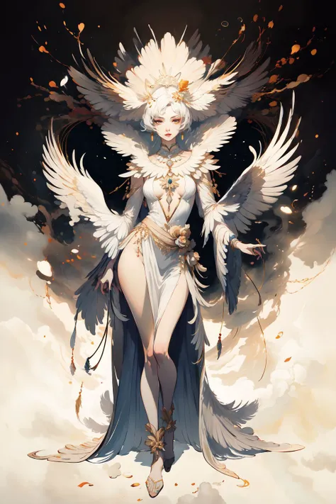 1girl,solo,(full body:1.5),long legs,small breasts,childish,jewelry,looking at viewer,earrings,hair ornament,white hair,feathers,black background,simple background,upper body,necklace,lips,makeup,eyelashes,parted lipsa white woman with feathers in this image,in the style of intricately sculpted,luminous portraits,detailed costumes,8k resolution,onii kei,atmospheric mood,wealthy portraiture,<lora:ClothingAdjuster2:0.4>,<lora:ww-000012:0.4>,<lora:MildDetailAdjusterV10_4:0.5>,zhubao,<lora:crane:0.8>, 1,, (masterpiece, best quality, high quality, highres, ultra-detailed),