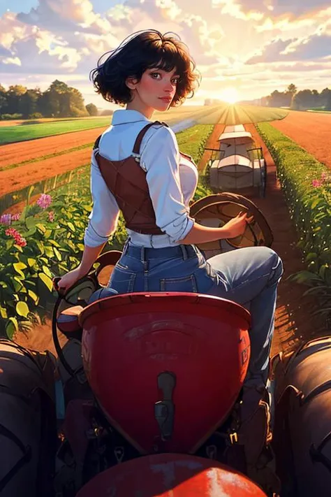 Tractor with a girl at sunset 