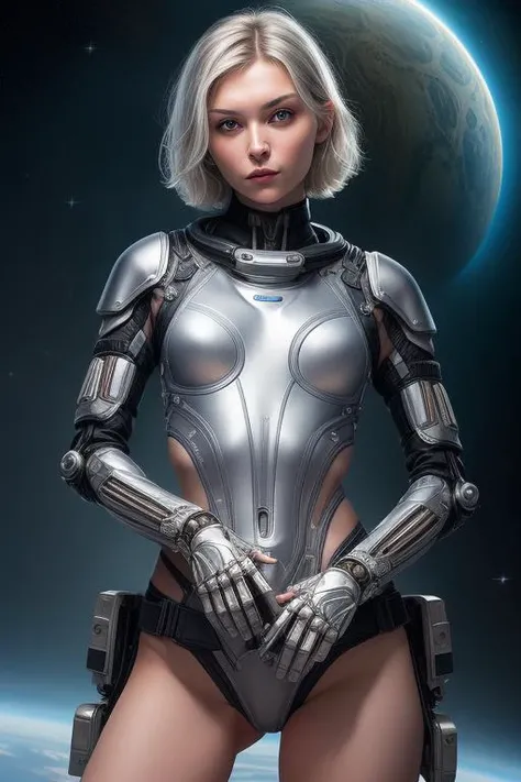 masterpiece, best quality, photorealistic, (Natasha Petrenko), a 20 y.o. skinny Russian woman in futuristic space armour suite, (biomechanical left arm), holding a gun in a right hand, (silver short hair:1.1), (small breasts:1.1),(hairy pussy:1.2), (silver bra:1.1), (silver panties:1.1), space station, Expressive Hues, Vibrant Palette, <lora:more_details:0.5>, intricate details, <lora:ClothingAdjuster2:-0.7>