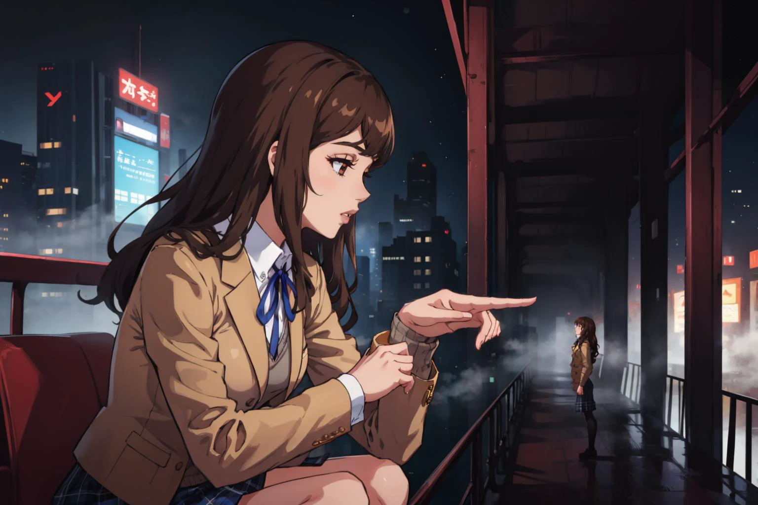 masterpiece, best quality, <lora:youlooklonely-meme-richy-v1:ulooklonely, pointing, from side, looking at another <lora:zs_Hikaru:0.8> hikarusmt, long hair, brown hair, jacket, skirt, ribbon, plaid, fog, city, dark, giantess