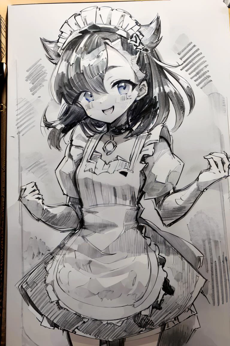 <lora:Pencil_Sketch_Dim64_SD-05:1>,(Pencil_Sketch:1.2, messy lines, greyscale, traditional media, sketch), unfinished, hatching (texture) , , , <lora:Marnie_Pokemon_Dim32:0.8>, Marnie_Pokemon, , black choker, jewelry, maid outfit, maid headdress, black dress,apron, zettai ryouiki, solo, smiling, looking at viewer, cowboy shot, ,