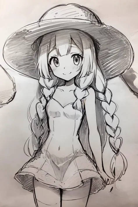 <lora:Pencil_Sketch_Dim64_SD-05:1>,(Pencil_Sketch:1.2, messy lines, greyscale, traditional media, sketch), unfinished, hatching (texture) , aalillie, long hair, braid, sun hat, white headwear, collarbone, sleeveless dress, white dress, <lora:lillie_(pokemon)_v1:0.7>, smile, outdoors, tropical beach, cowboy shot
