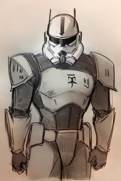 <lora:Pencil_Sketch_Dim64_SD-05:1>, (Pencil_Sketch, messy lines, greyscale, traditional media, sketch), Pencil_Sketch, solo, 1boy, male focus, armor, helmet, power armor, star wars