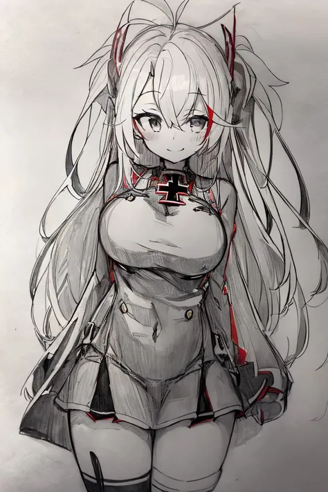 <lora:Pencil_Sketch_Dim64_SD-05:1>,(Pencil_Sketch:1.2, messy lines, greyscale, traditional media, sketch), unfinished, hatching (texture) , ((masterpiece,best quality)), absurdres, <lora:Prinz_Eugen_Azur_Lane:0.8>, Prinz_Eugen_Azur_Lane,thighhighs, , solo, smiling, looking at viewer, cowboy shot,