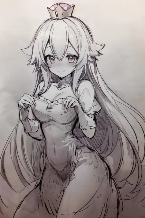 <lora:Pencil_Sketch_Dim64_SD-05:1>,(Pencil_Sketch:1.2, messy lines, greyscale, traditional media, sketch), unfinished, hatching (texture) , ((masterpiece,best quality)), absurdres, <lora:Boosette_Mario_Anime:0.9>, Boosette_Mario, 1girl, long hair, white hair, long white dress, ballroom dress, white gloves, solo, smiling, blushing, looking at viewer, cowboy shot,
