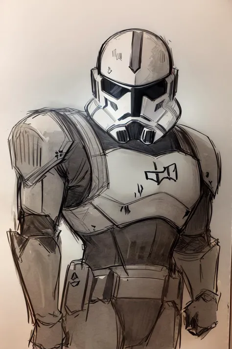 <lora:Pencil_Sketch_Dim64_SD-05:1>, (Pencil_Sketch, messy lines, greyscale, traditional media, sketch), Pencil_Sketch, solo, 1boy, male focus, armor, helmet, power armor, star wars