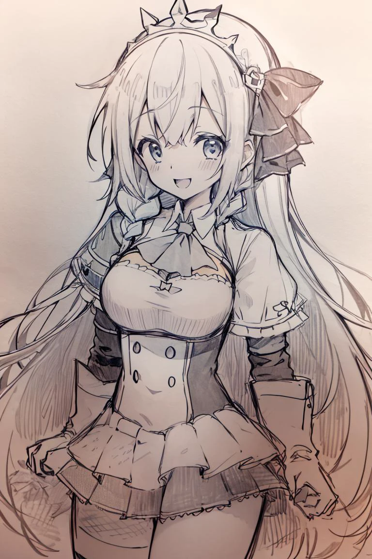<lora:Pencil_Sketch_Dim64_SD-05:1>,(Pencil_Sketch:1.2, messy lines, greyscale, traditional media, sketch), unfinished, hatching (texture), <lora:pecorine_v1:0.7>, aapeco, very long hair, ahoge, braid, tiara, hair ribbon, ascot, cleavage, shrug (clothing), shoulder armor, white dress, short sleeves, white gloves, pleated skirt, skirt, cowboy shot, smile,