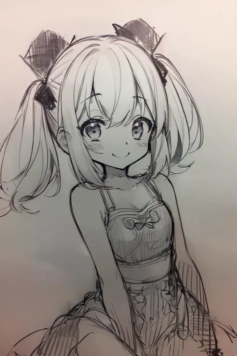 <lora:Pencil_Sketch_Dim64_SD-05:1>,(Pencil_Sketch:1.2, messy lines, greyscale, traditional media, sketch),
1girl, solo, smile, dress, twintails, sleeveless, short twintails,