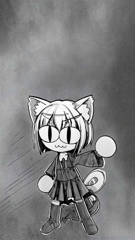 <lora:Pencil_Sketch_Dim64_SD-05:0.8> (Pencil Sketch:1.2, messy lines, greyscale, traditional media, sketch:1.10), unfinished, hatching (texture:1.10), BREAK, <lora:neco-arc Character:0.8> neco-arc, 1girl, bob cut, cat ears, chibi, cat girl, (slit pupils, cat eyes:1.25), BREAK, <lora:Neco-Arc:1> neco-arc, necopose, full body, :3, cat ears, chibi, cat girl, cat tail, solo, slit pupils