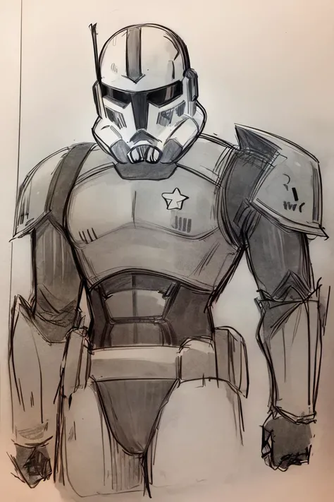 <lora:Pencil_Sketch_Dim64_SD-05:1>, (Pencil_Sketch, messy lines, greyscale, traditional media, sketch), Pencil_Sketch, solo, 1boy, male focus, armor, helmet, power armor, star wars