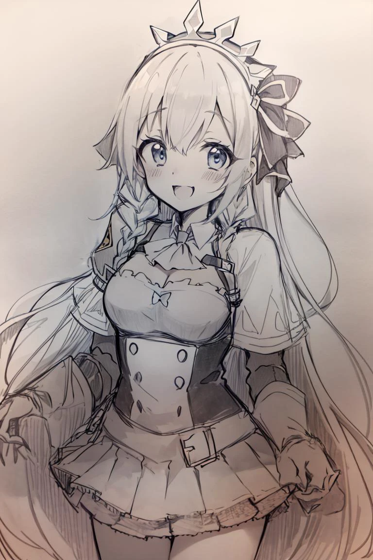 <lora:Pencil_Sketch_Dim64_SD-05:1>,(Pencil_Sketch:1.2, messy lines, greyscale, traditional media, sketch), unfinished, hatching (texture), <lora:pecorine_v1:0.6>, aapeco, very long hair, ahoge, braid, tiara, hair ribbon, ascot, cleavage, shrug (clothing), shoulder armor, white dress, short sleeves, white gloves, pleated skirt, skirt, cowboy shot, smile,