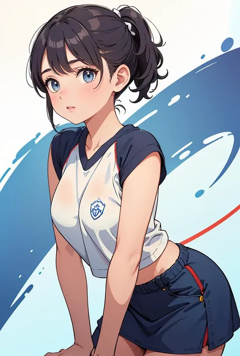 (masterpiece, best quality), 1girl, Azure Slicked-Back Pixie with Side Part, Size F breasts, <lora:santosanjos:0.8> cds4, white shirt, blue shoulders, bare arms, blue miniskirt