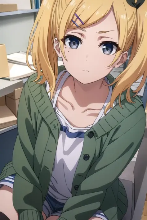 erikayano, <lora:erika yano s1-lora-nochekaiser:1>,
erika yano, short hair, blonde hair, hair ornament, twintails, hairclip, mole, (grey eyes:1.3), mole under eye, short twintails, ribbon, hair ribbon,
BREAK cardigan, shorts, (green cardigan:1.2), thighhighs, striped, striped thighhighs, grey shorts,
BREAK indoors, office,
BREAK looking at viewer, (cowboy shot:1.5), dynamic pose,
BREAK <lyco:GoodHands-beta2:1>, (masterpiece:1.2), best quality, high resolution, unity 8k wallpaper, (illustration:0.8), (beautiful detailed eyes:1.6), extremely detailed face, perfect lighting, extremely detailed CG, (perfect hands, perfect anatomy),