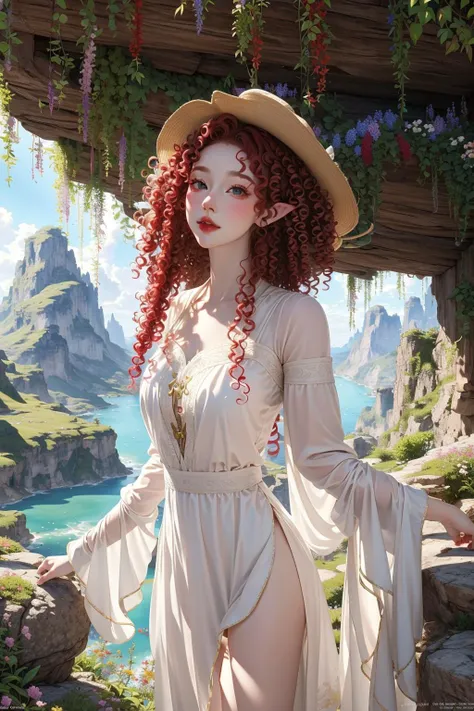 elf girl red hair, (((curly)))), white dress in an adventurer's hat, Seeing plants and flowers from the ground, view from below, atmospheric dreamscape painting, dream scenery art, highly detailed visionary art, cgi style, vibrant oil painting, splash art, Cozy mystery, masterpiece 8k wallpapper, neoplasticism, Unreal Engine, dramatic lighting