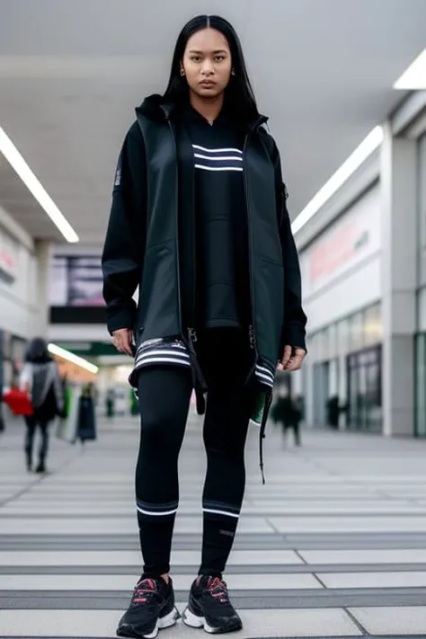 modelshoot style. portrait of a woman wearing a techwear, shopping center