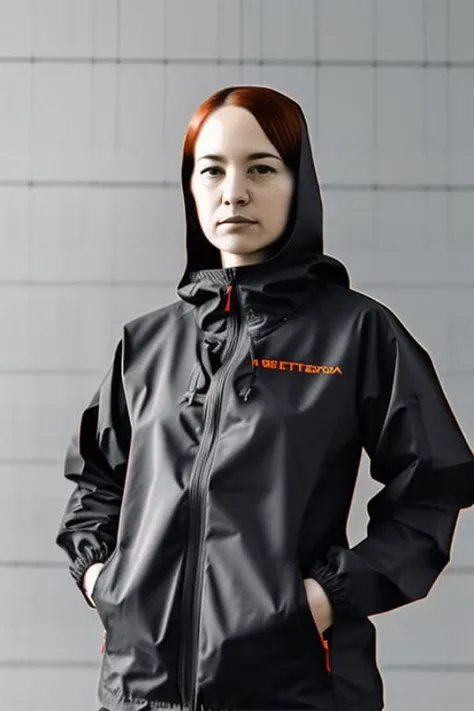 a portrait of a woman,orange techwear