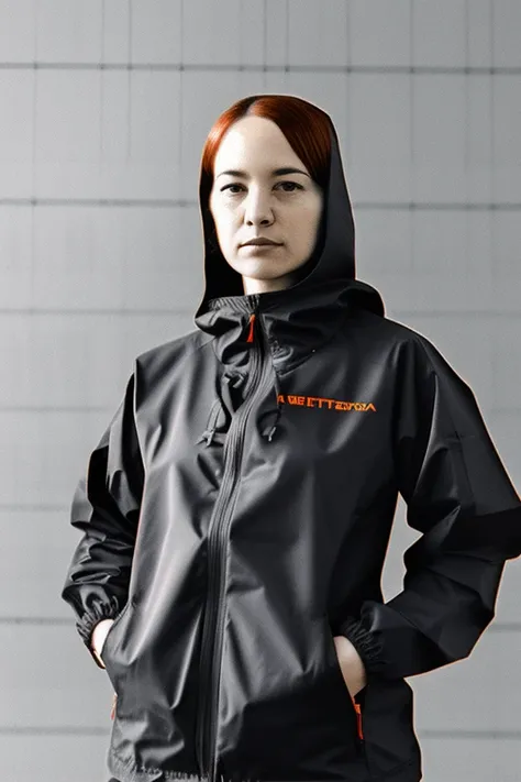 a portrait of a woman,orange techwear