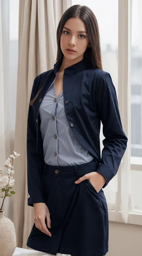 realistic professional close-up photo of shy hot attractive tall 25yo, navy blue fine mixed cotton polyester topstiched, perfect tiny flat cylindrical transparent polyester two-hole collar button. strictly evenly spaced buttons on placket., soft ambient cool light. best quality. ,tall