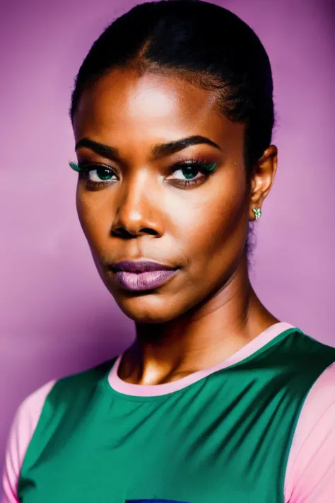 a photo of gbr wearing green and purple shirt and pink jeans staring at the viewer, (green and purple shirt ), (pink jeans),Highly Detailed,(close portrait:1.3),(Feminine:1.4),(beautiful:1.4),(attractive:1.3),calendar pose,perfectly detailed eyes,studio lighting,thematic background,<lyco:GabrielleU-RealVision-V1.0:1.0>