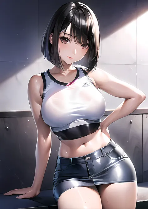 photo of <lora:grace_v1:0.98>, (shiny skin:1.2), (oil skin:1.1), (raw photo:1.2), (photorealistic:1.4), (Kpop idol), (shiny skin:1.2), (sportswear), torn jeans, (miniskirt), (bob cut)